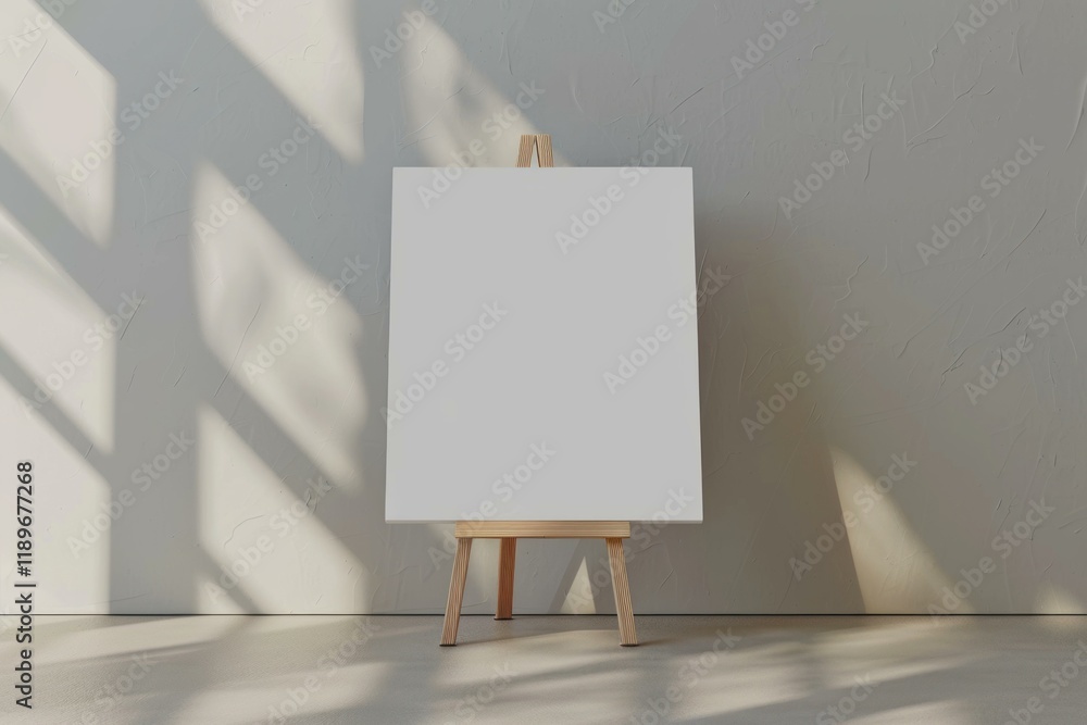 Poster empty white square canvas standing on a wooden easel in a minimalist room, illuminated by natural wi