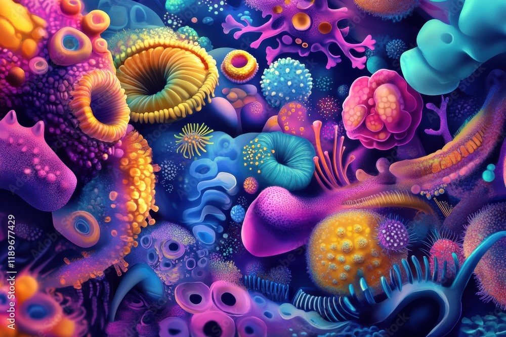 Poster exploring the vibrant world of microscopic microbes in various shapes and textures. generative ai