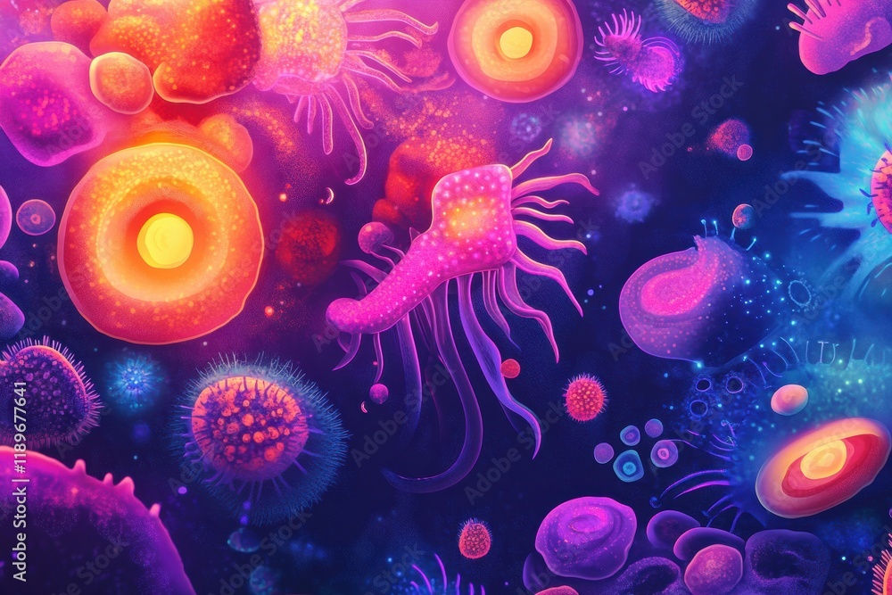 Poster Microscopic microbes exhibit vibrant colors and diverse shapes in a surreal representation of life at a cellular level. Generative AI