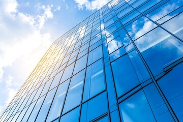 Modern Glass Skyscraper Reflecting Blue Sky and Clouds in the Urban Environment : Generative AI