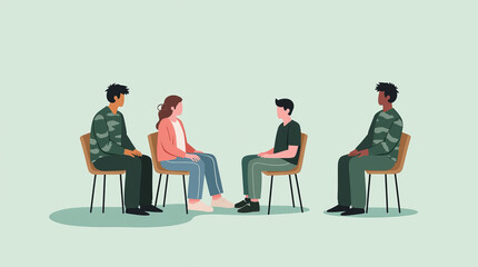 A group therapy session with military personnel and a counselor sitting on chairs in a circle on green background, War veterans support group for managing anxiety or depression. Emotional support.