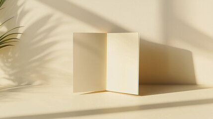 Open brochure mockup on a minimalist surface with soft shadows