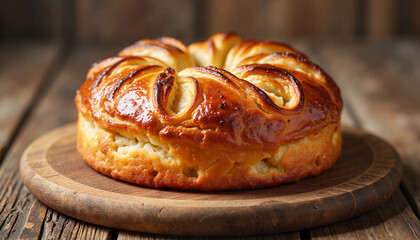 Delicious baked pastry on wooden cutting board