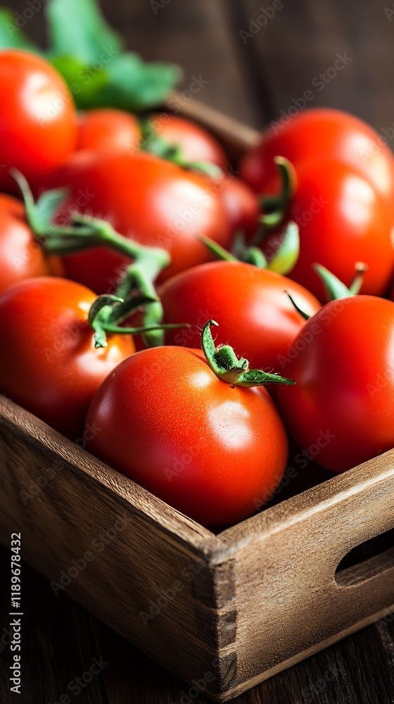 Poster freshly harvested red tomatoes in rustic wooden box displaying vibrant summer produce : generative a