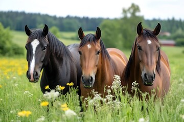 Three Majestic Horses Grazing in Scenic Meadow under Clear Blue Sky : Generative AI