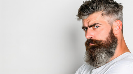 Obraz premium A striking profile portrait of a bearded man, showcasing his distinct features against a clean white background.