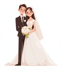 Cute cartoon-style illustration of a bride and groom standing together, holding flowers, dressed in wedding attire