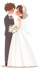Cute cartoon-style illustration of a bride and groom standing together, holding flowers, dressed in wedding attire
