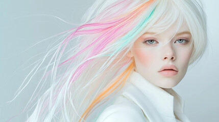 Portrait of a woman in white with colorful hair extensions