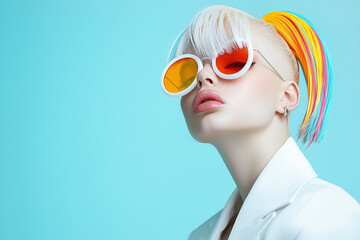 Portrait of a woman in white with colorful hair extensions