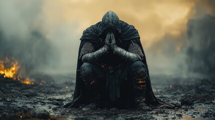 Hooded figure kneeling in prayer amidst a desolate, smoky battlefield.