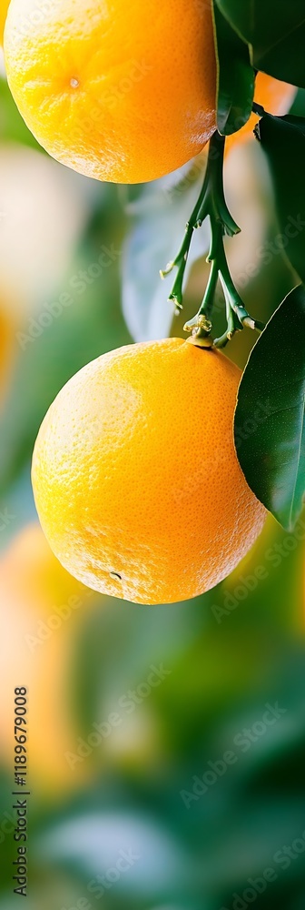 Poster vibrant orange fruit tree on branch against blurred green and light background for nature summer con