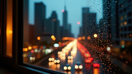 city at night, rain view from window at night