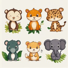 Adorable Cartoon Animals Sitting Amongst Green Leaves