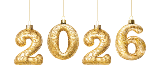 Golden 2026 Number Baubles New Year Hanging on Ribbon Isolated on White and Png Transparent Background