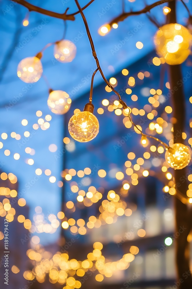 Poster Festive String Lights Creating a Warm Glow in a Cityscape Environment : Generative AI