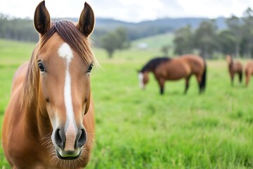 Closeup of brown horse in lush green field with herd in background : Generative AI