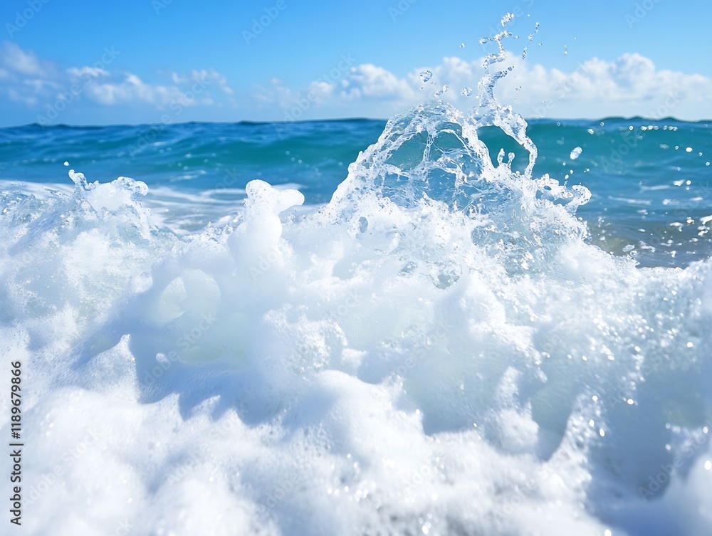 Aufkleber vibrant ocean waves with splashes under a clear blue sky captured in daylight : generative ai