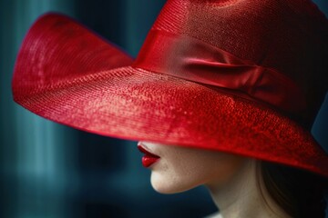 Close up profile of a stylish woman wearing a large red hat and red lipstick, exuding elegance and mystery