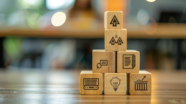 Explore eLearning concepts with wooden blocks showcasing education icons, enhancing skills through training courses.