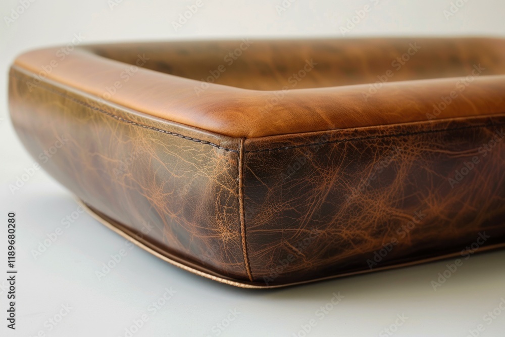 Poster close up of an empty rectangular leather tray highlighting its rich texture and precise craftsmanshi