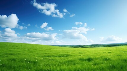 Fototapeta premium A serene landscape of lush green fields under a bright blue sky, perfect for a peaceful getaway in nature.