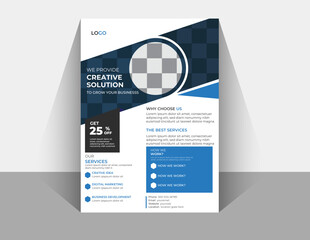 Blue and Gray Business Flyer Template: A clean and professional flyer template design in shades of blue and gray, ideal for showcasing business services and promotions. The layout features a modern.
