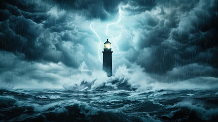 Fototapeta premium Amidst wild waves, a solitary lighthouse stands tall, a beacon of hope in a stormy sea, guiding lost ships to safety.