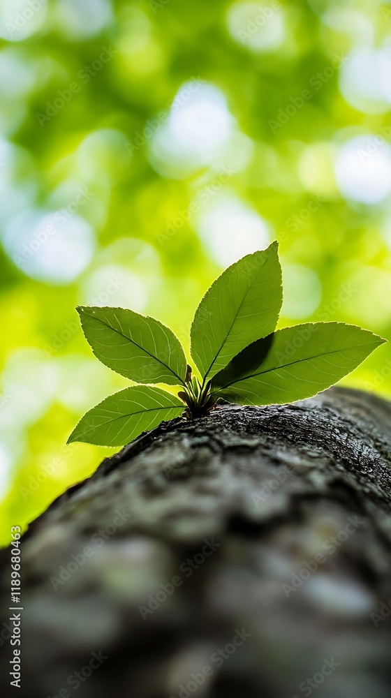 Aufkleber vibrant green leaves emerging from tree trunk against blurred sunlit background : generative ai