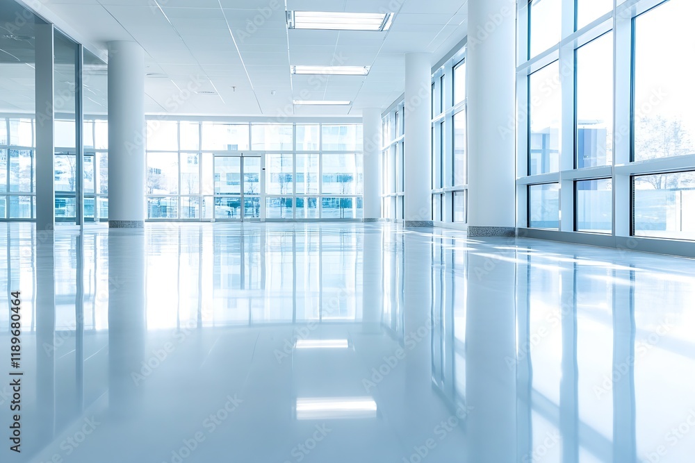 Poster spacious modern office interior with large windows and sunlit environment : generative ai