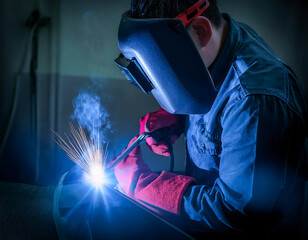 A worker manually welds steel and stainless steel components using TIG technology, detail of an electric arc.	