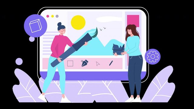 Two women working on design in an animated style showcasing creativity and collaboration.