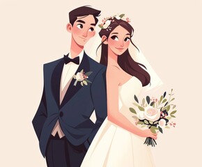 Cartoon-style illustration of a bride and groom standing together on their wedding day.