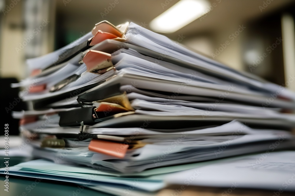 Poster stack of documents and folders on office desk close-up view : generative ai