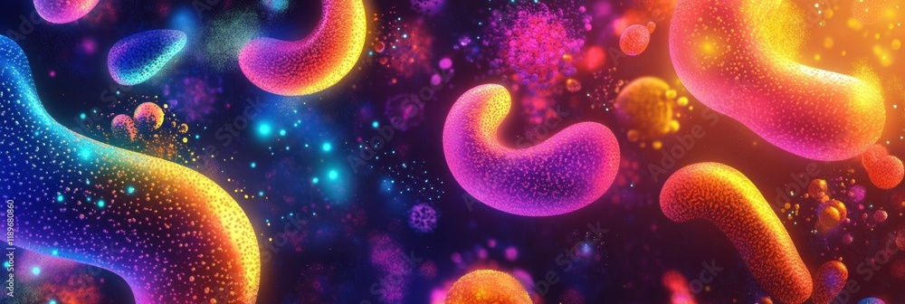 Poster colorful microscopic microbes display diverse shapes and vibrant textures in a dark environment. gen
