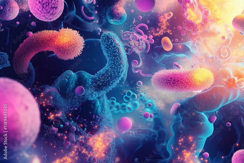 Poster colorful illustration of diverse microscopic microbes showcasing intricate shapes and textures. gene