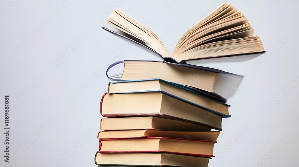 Poster stack of books with open book on top blending traditional study and modern learning concepts : gener
