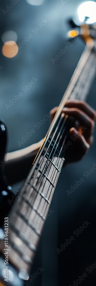 Poster close up of bass guitar frets and strings with moody stage lighting : generative ai