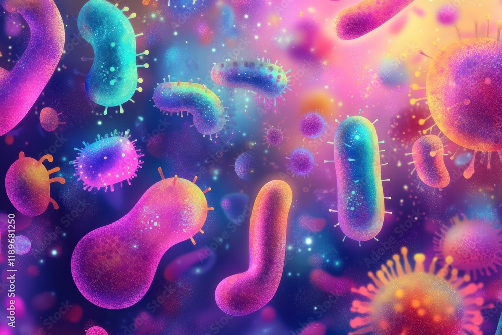 Aufkleber colorful illustration of microscopic microbes showcasing diverse shapes and textures in a vibrant en