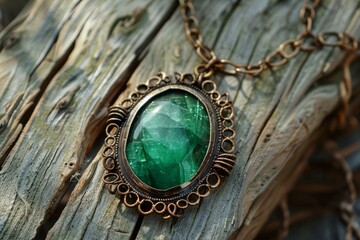 Elegant green gemstone pendant with a bronze setting rests on a weathered wooden surface, capturing the beauty of nature and craftsmanship