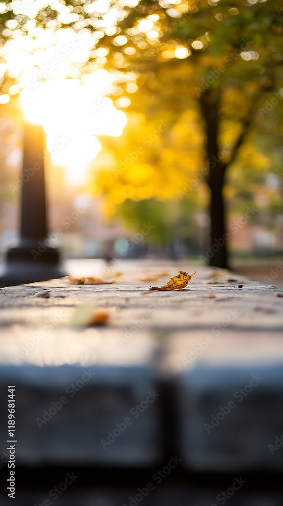 Poster Golden Autumn Leaf on Sunlit Park Path with Glowing Trees in Background : Generative AI