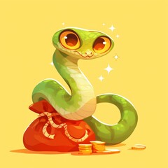Fototapeta premium Green snake with gold coin and money bag isolated on light background. Wealth, prosperity concept. Symbol Chinese New Year. Finance and business. Cartoon illustration for design greeting card, banner