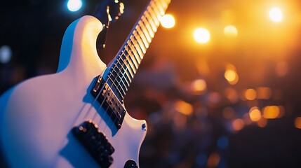 Naklejka premium Closeup of Electric Guitar Neck Under Warm Stage Lights at Live Music Concert : Generative AI