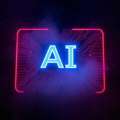 AI futuristic artificial intelligence chip with neon lights and digital circuits