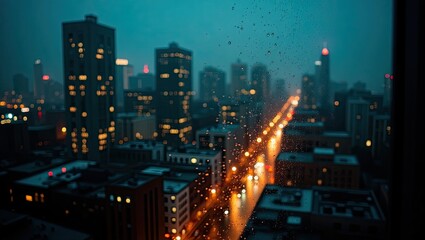 blurred city view at night, rain view from window at night