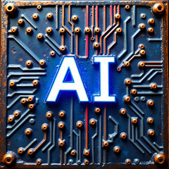 AI futuristic artificial intelligence chip with neon lights and digital circuits