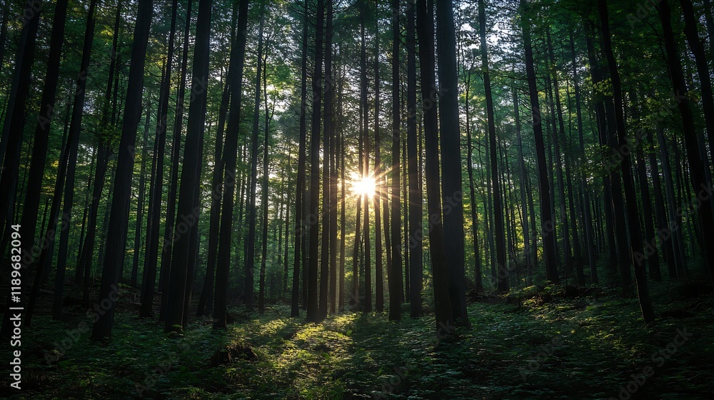 Poster Tranquil Forest with Sunlight Filtering Through Tall Evergreen Trees in Lush Greenery : Generative AI
