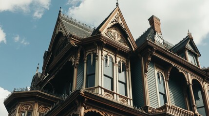 Fototapeta premium Victorian house exterior, ornate details, gables, windows, wood siding, blue sky.