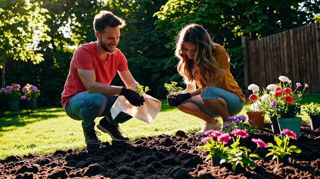  man and woman planting in the garden, smiling and working together on a sunny da