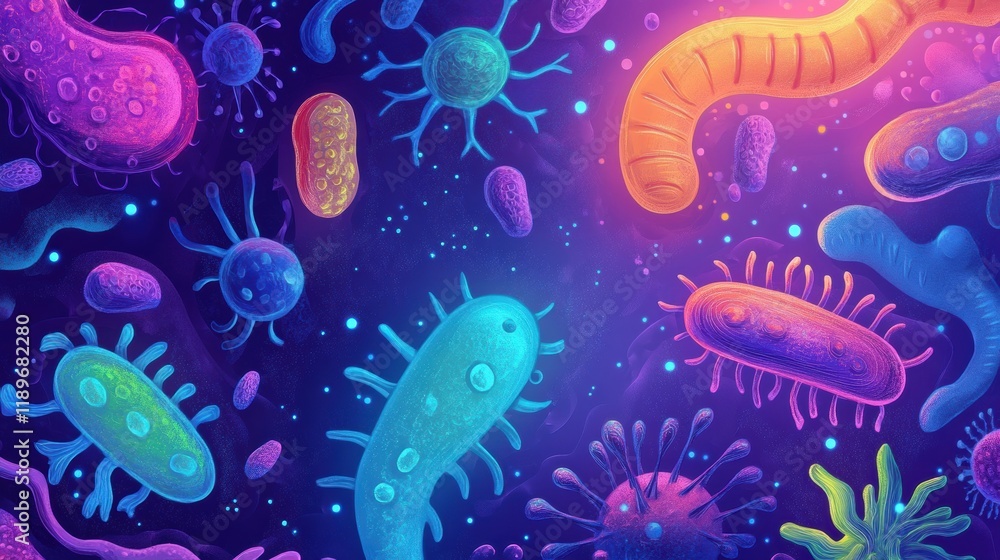 Poster diverse microscopic microbes exhibit unique shapes and vibrant textures in a colorful environment. g